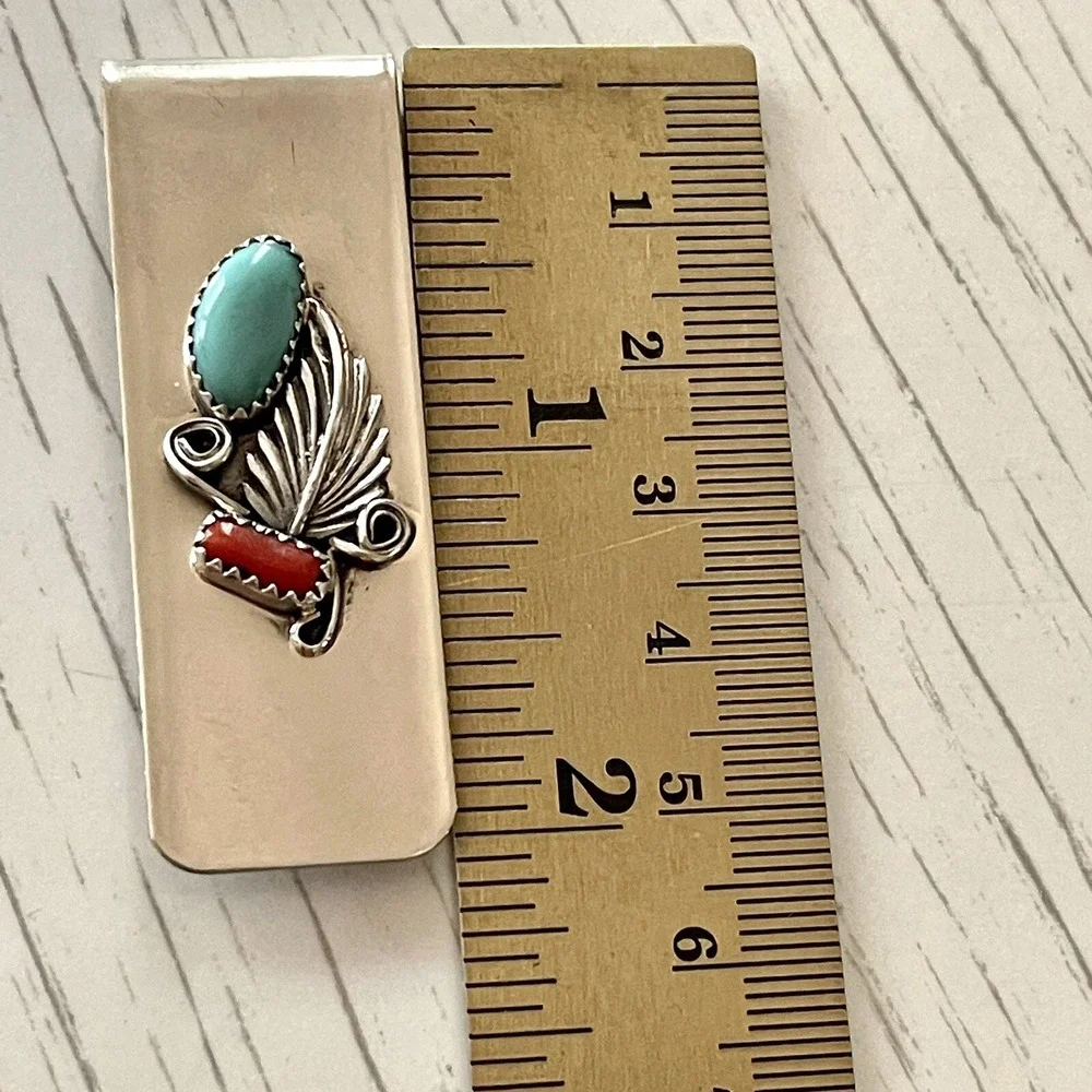 Navajo Money Clip Turquoise Red Coral Silver 2in Mens Gift Handmade Native Amer